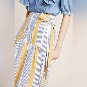 Anthropologie Maeve Laura Wrap Midi Skirt Yellow Blue Stripes Waist Tie Size 10